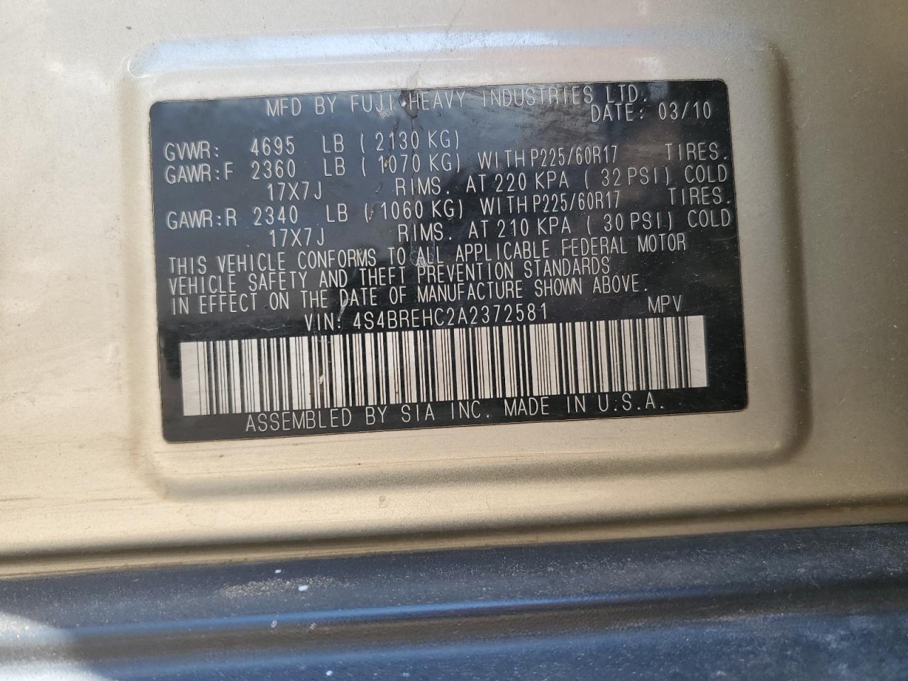 2010 Subaru Outback 3.6R Premium VIN: 4S4BREHC2A2372581 Lot: 62876844