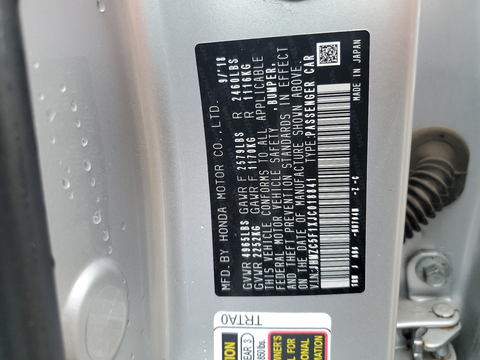 JHMZC5F1XJC018841 2018 Honda Clarity