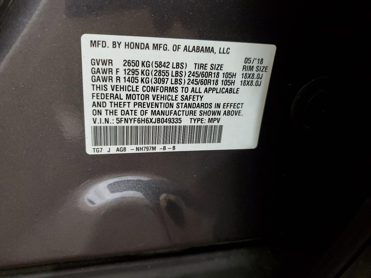 2018 Honda Pilot Exl VIN: 5FNYF6H6XJB049335 Lot: 64381724