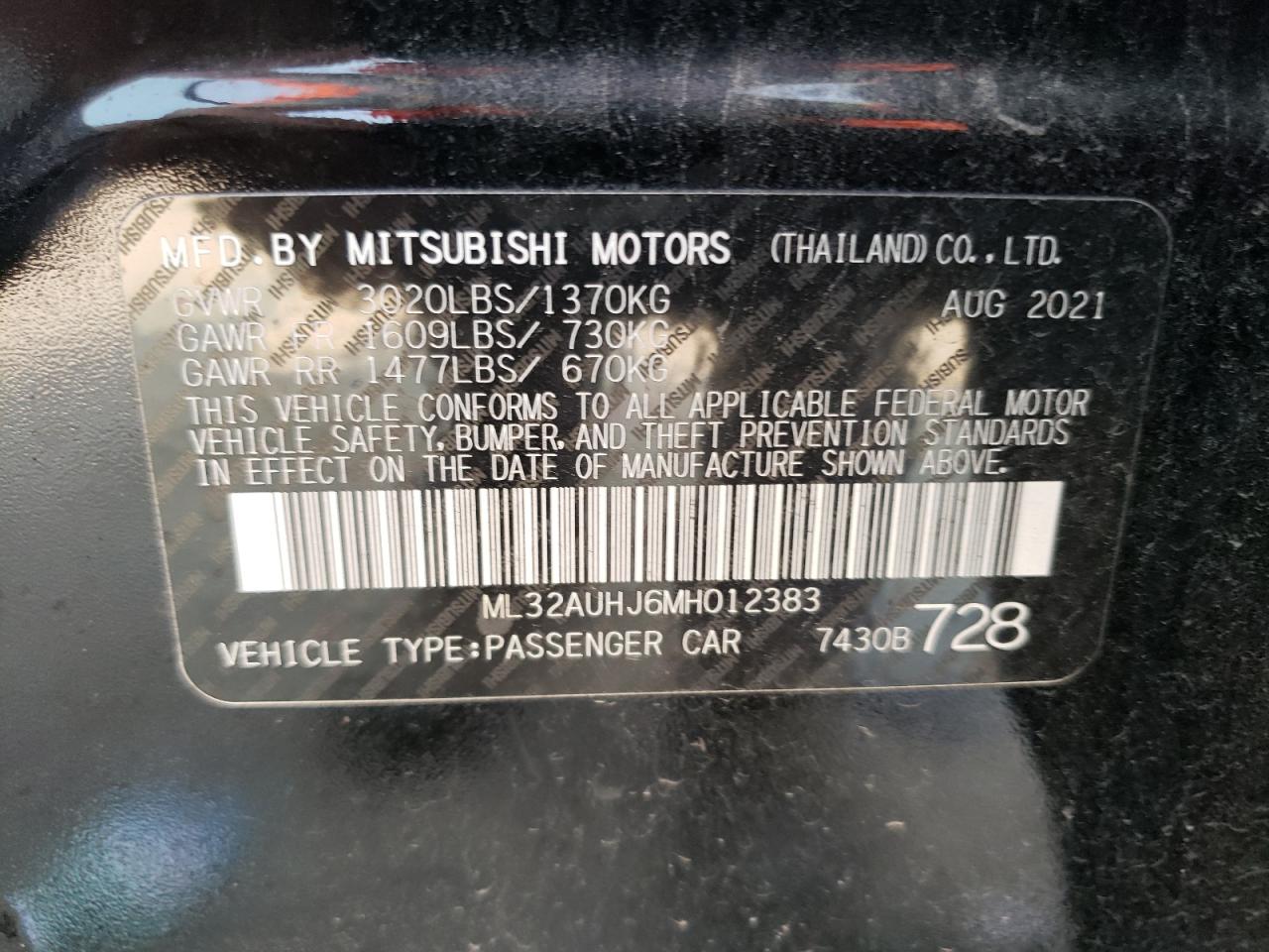 2021 Mitsubishi Mirage Es VIN: ML32AUHJ6MH012383 Lot: 62929364