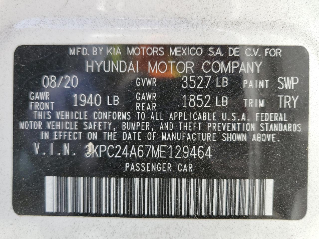 2021 Hyundai Accent Se VIN: 3KPC24A67ME129464 Lot: 61492394