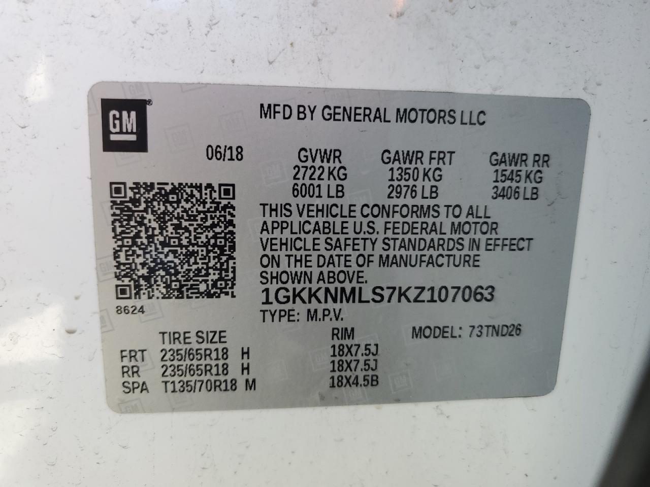 2019 GMC Acadia Slt-1 VIN: 1GKKNMLS7KZ107063 Lot: 65485464