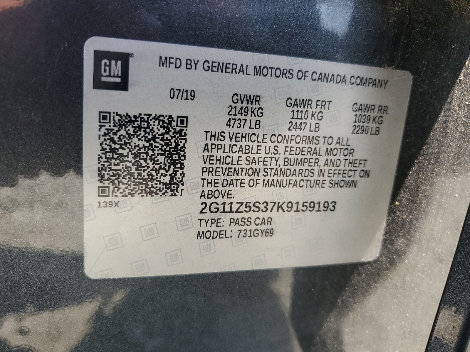 2G11Z5S37K9159193 2019 Chevrolet Impala Lt