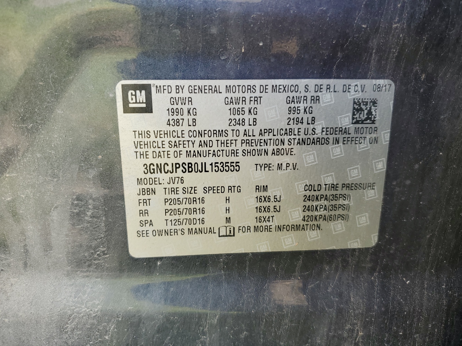 3GNCJPSB0JL153555 2018 Chevrolet Trax 1Lt