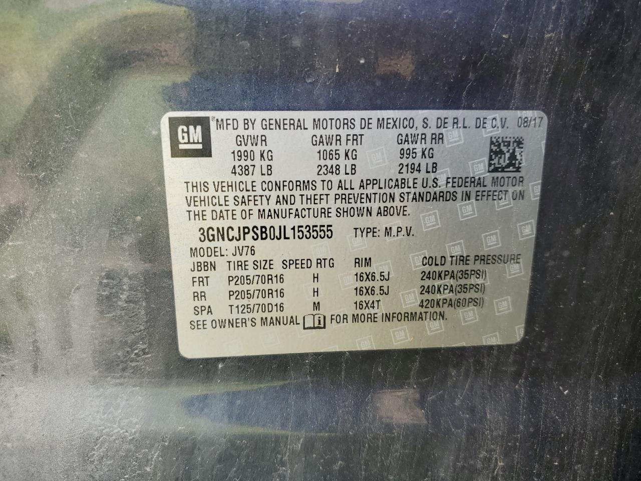 2018 Chevrolet Trax 1Lt VIN: 3GNCJPSB0JL153555 Lot: 63713084