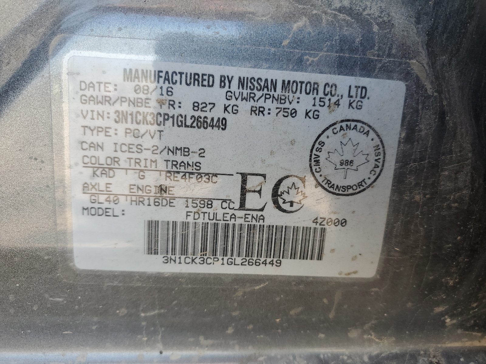 3N1CK3CP1GL266449 2016 Nissan Micra