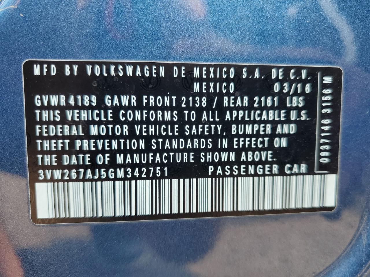 2016 Volkswagen Jetta S VIN: 3VW267AJ5GM342751 Lot: 63497714