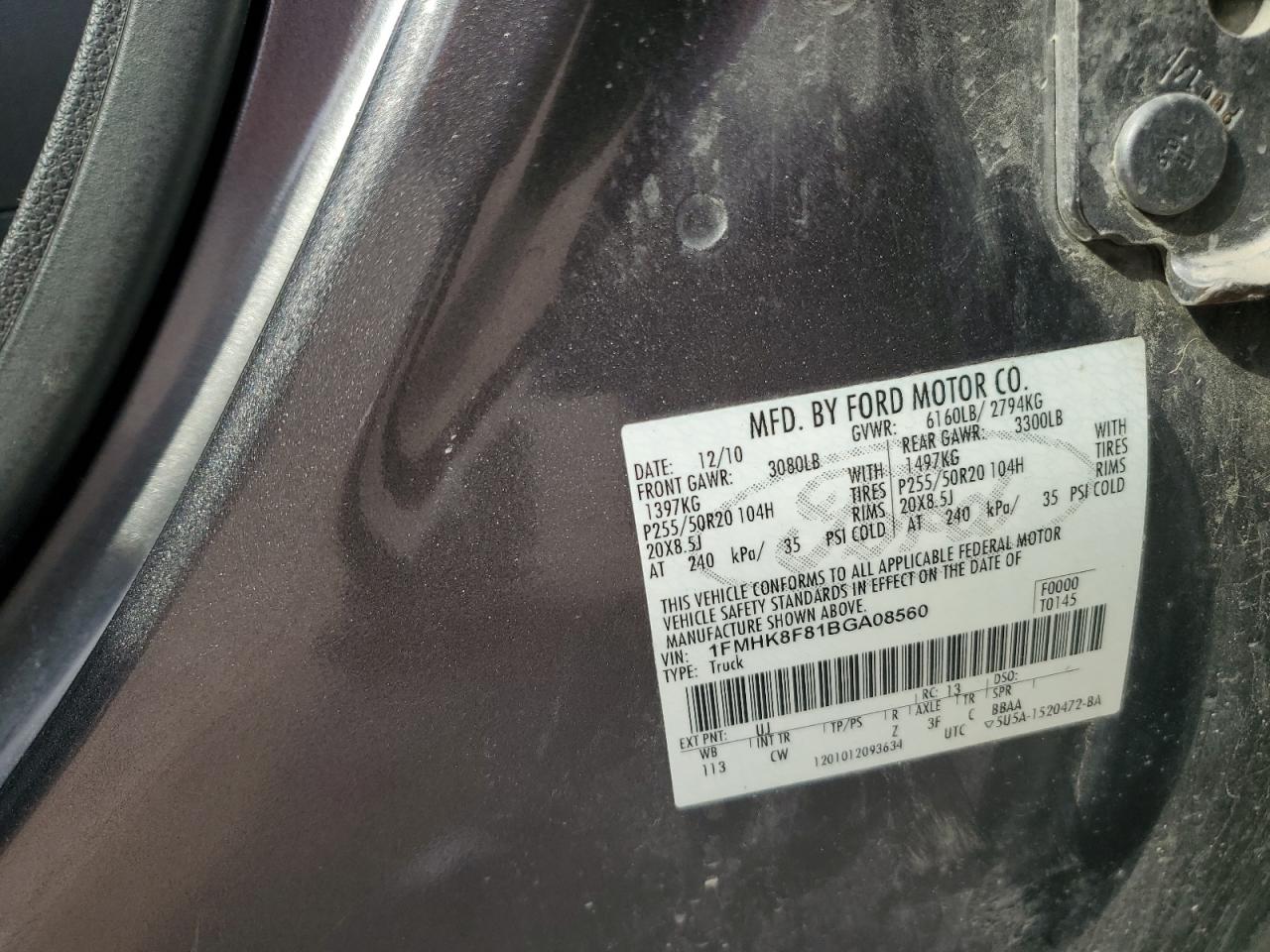 2011 Ford Explorer Limited VIN: 1FMHK8F81BGA08560 Lot: 63699564