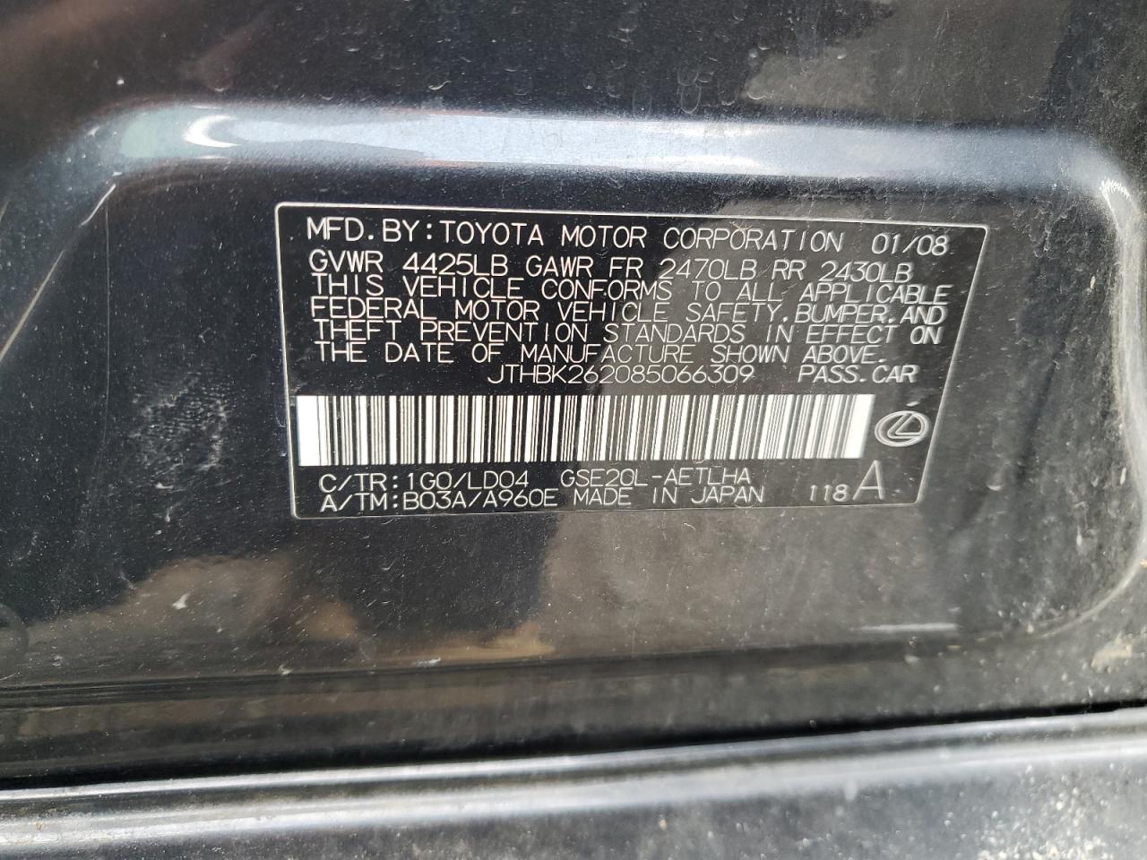 2008 Lexus Is 250 VIN: JTHBK262085066309 Lot: 64232004