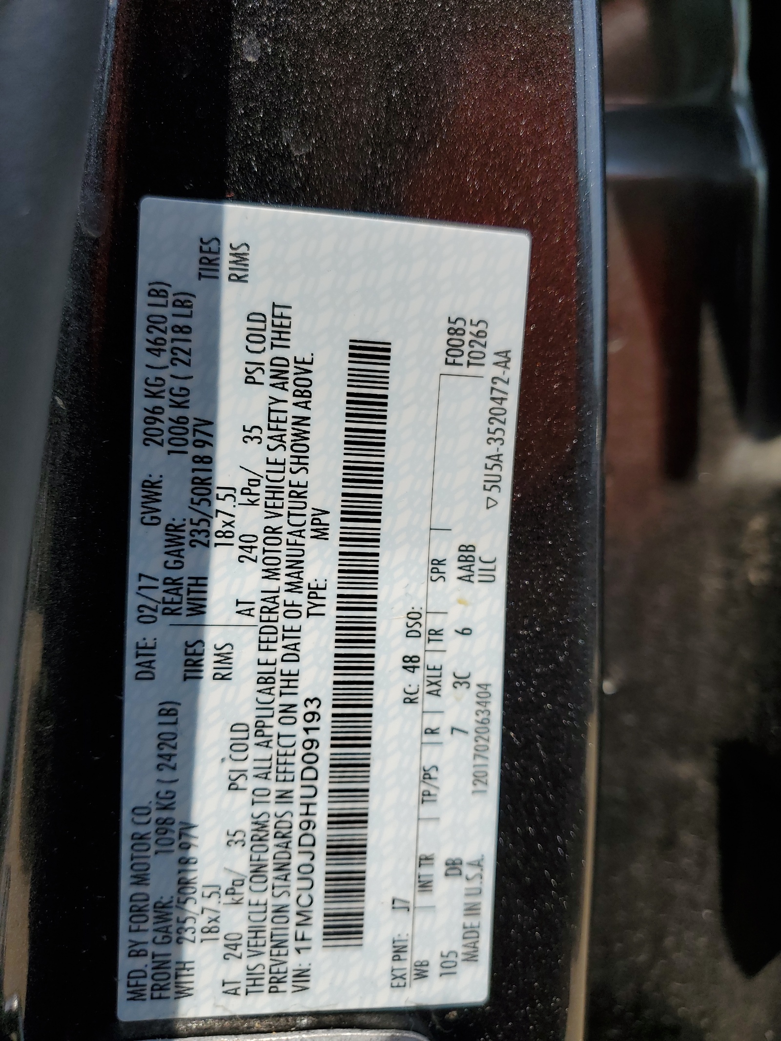 1FMCU0JD9HUD09193 2017 Ford Escape Titanium