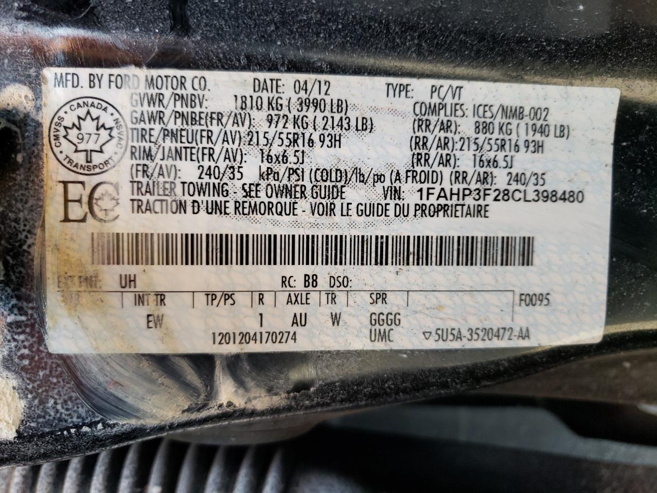 1FAHP3F28CL398480 2012 Ford Focus Se