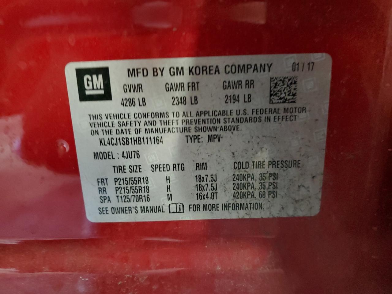 2017 Buick Encore Sport Touring VIN: KL4CJ1SB1HB111164 Lot: 65186664