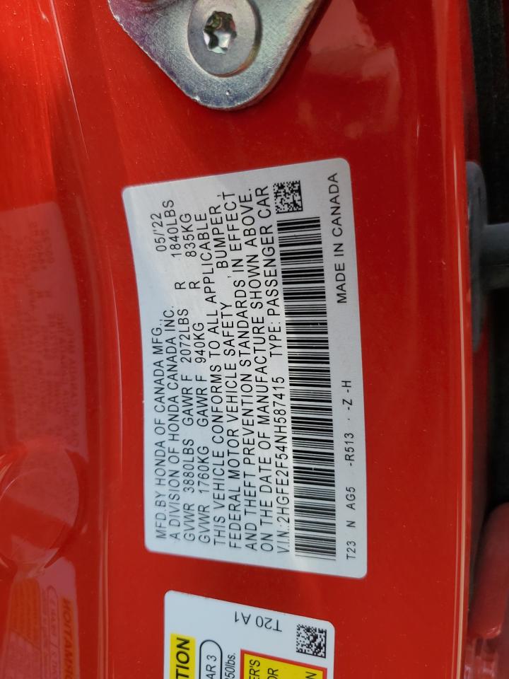 2HGFE2F54NH587415 2022 Honda Civic Sport