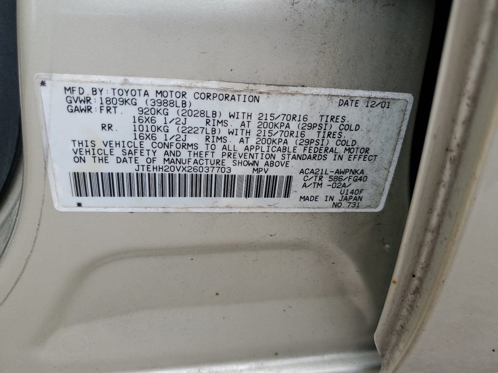 JTEHH20VX26037703 2002 Toyota Rav4