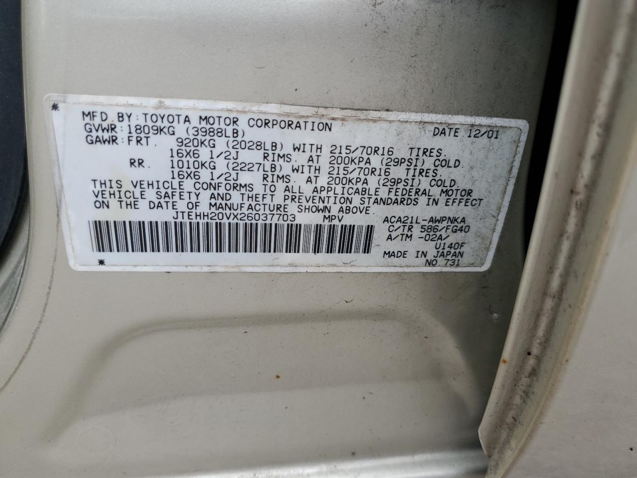 2002 Toyota Rav4 VIN: JTEHH20VX26037703 Lot: 64316034