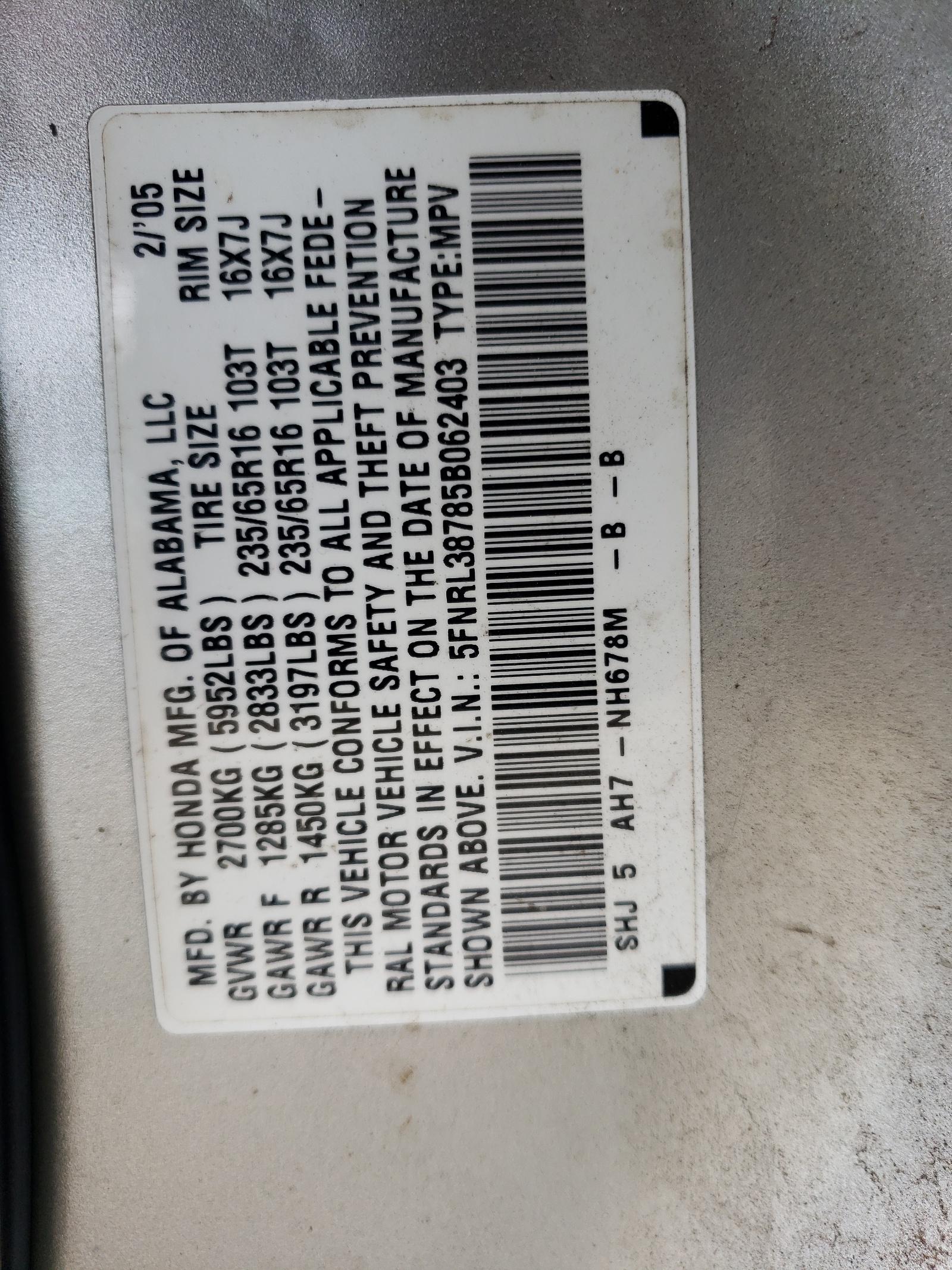 5FNRL38785B062403 2005 Honda Odyssey Exl
