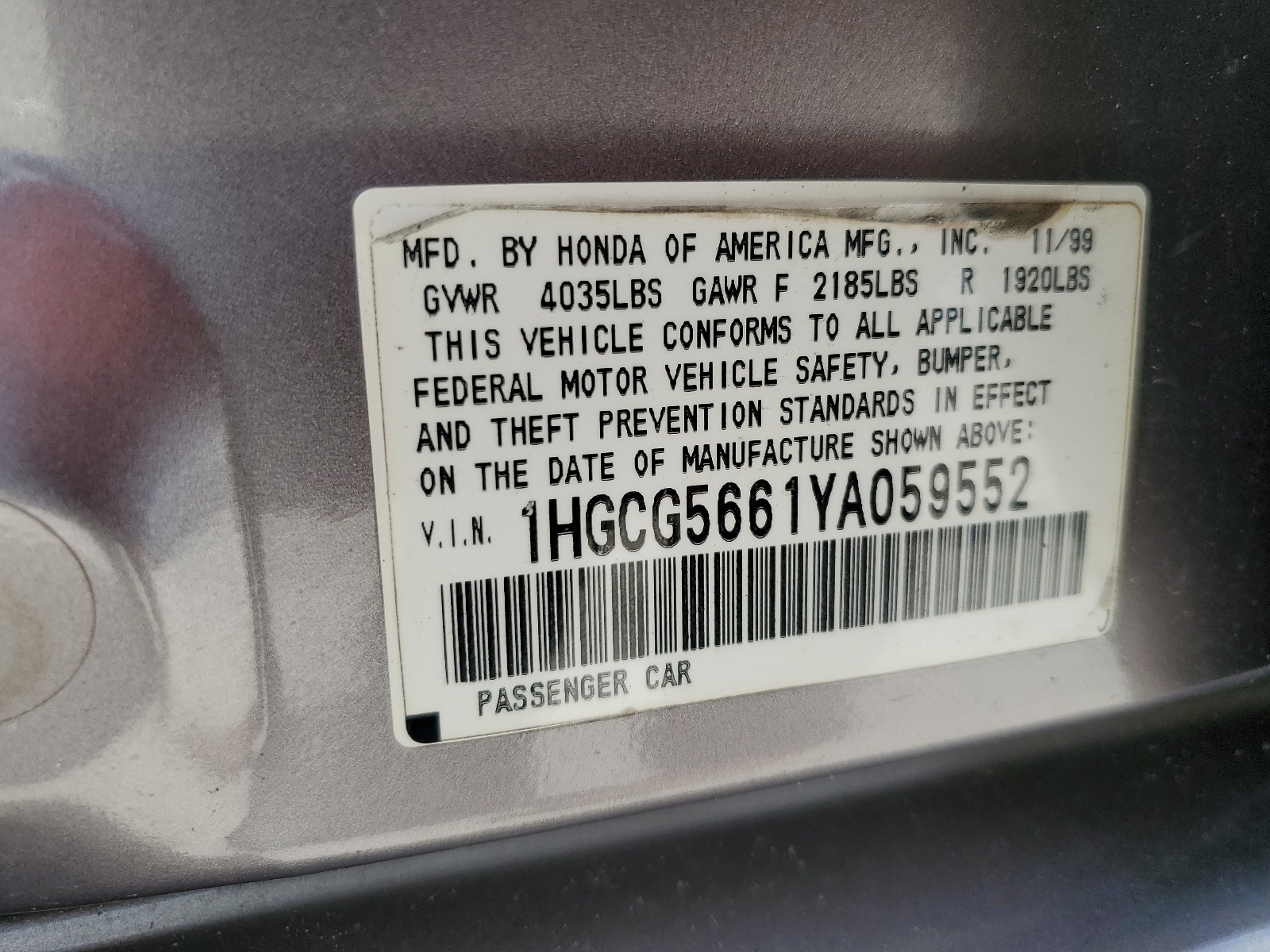1HGCG5661YA059552 2000 Honda Accord Ex