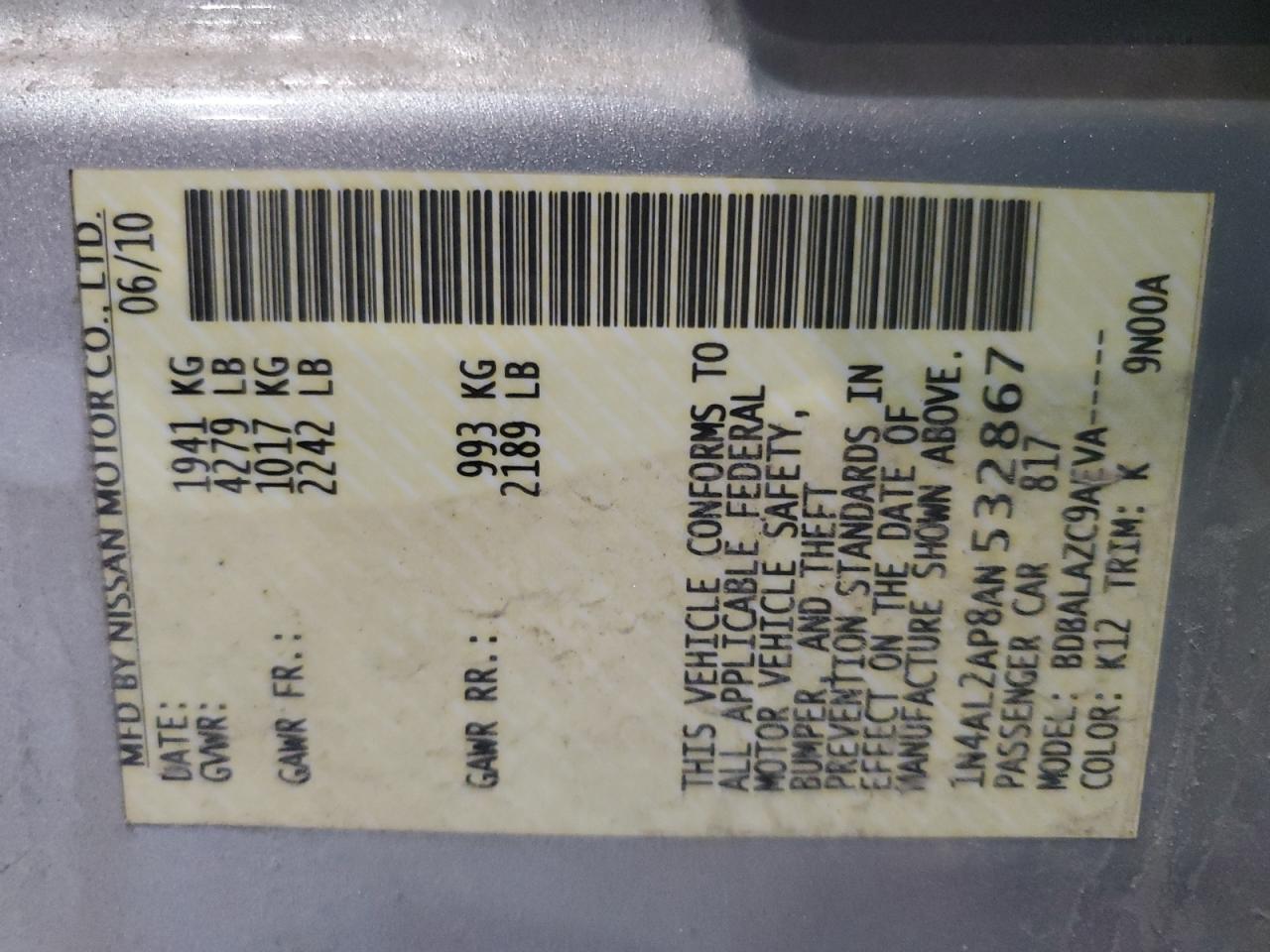 2010 Nissan Altima Base VIN: 1N4AL2AP8AN532867 Lot: 64486614