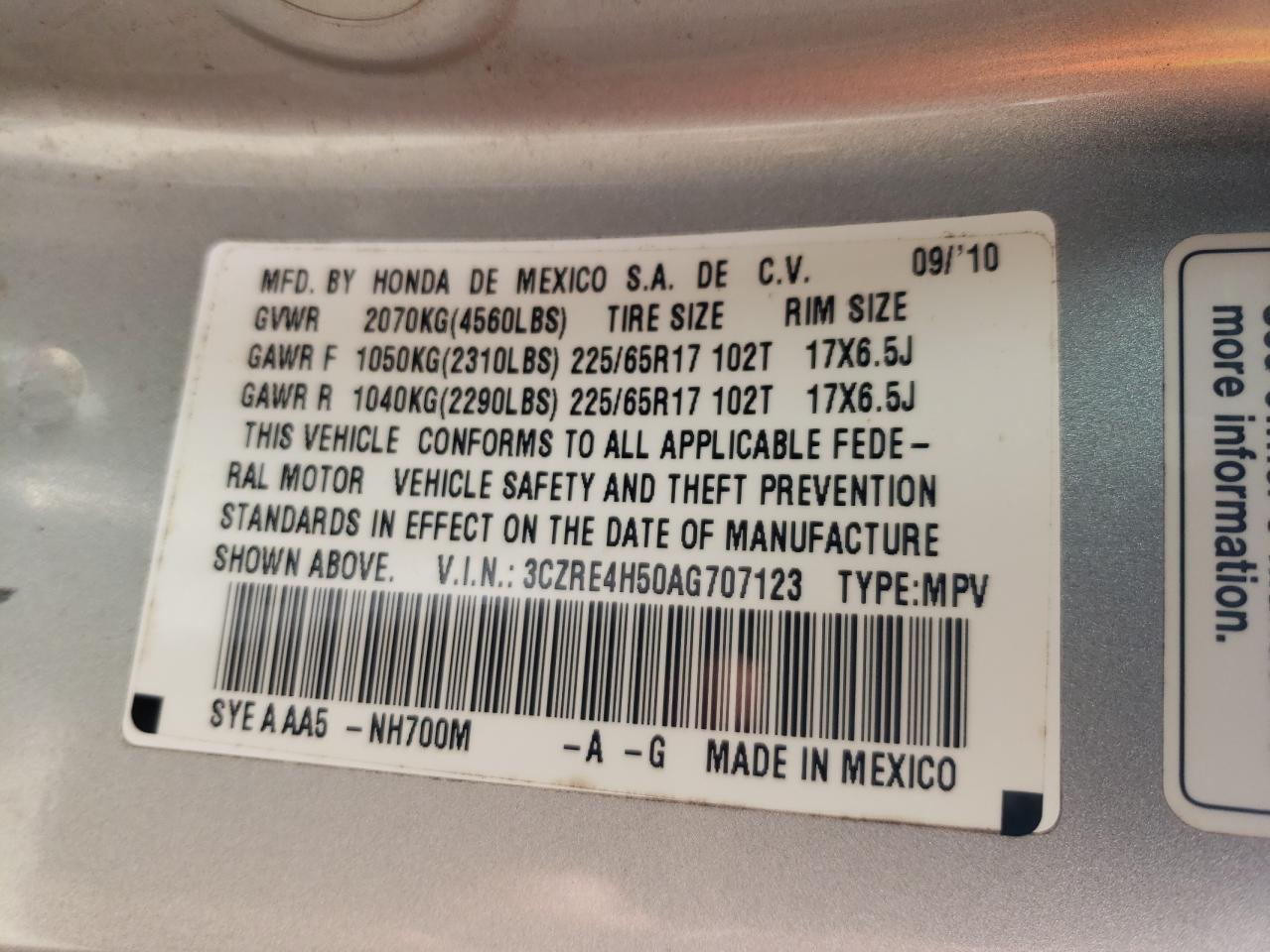 2010 Honda Cr-V Ex VIN: 3CZRE4H50AG707123 Lot: 63793864