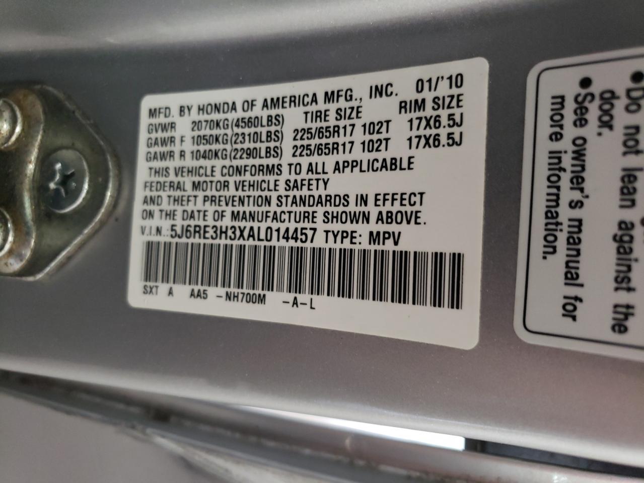 2010 Honda Cr-V Lx VIN: 5J6RE3H3XAL014457 Lot: 64243904
