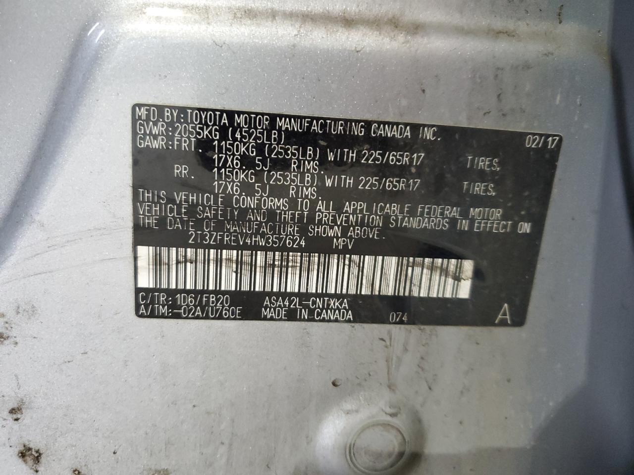 2017 Toyota Rav4 Le VIN: 2T3ZFREV4HW357624 Lot: 64011094