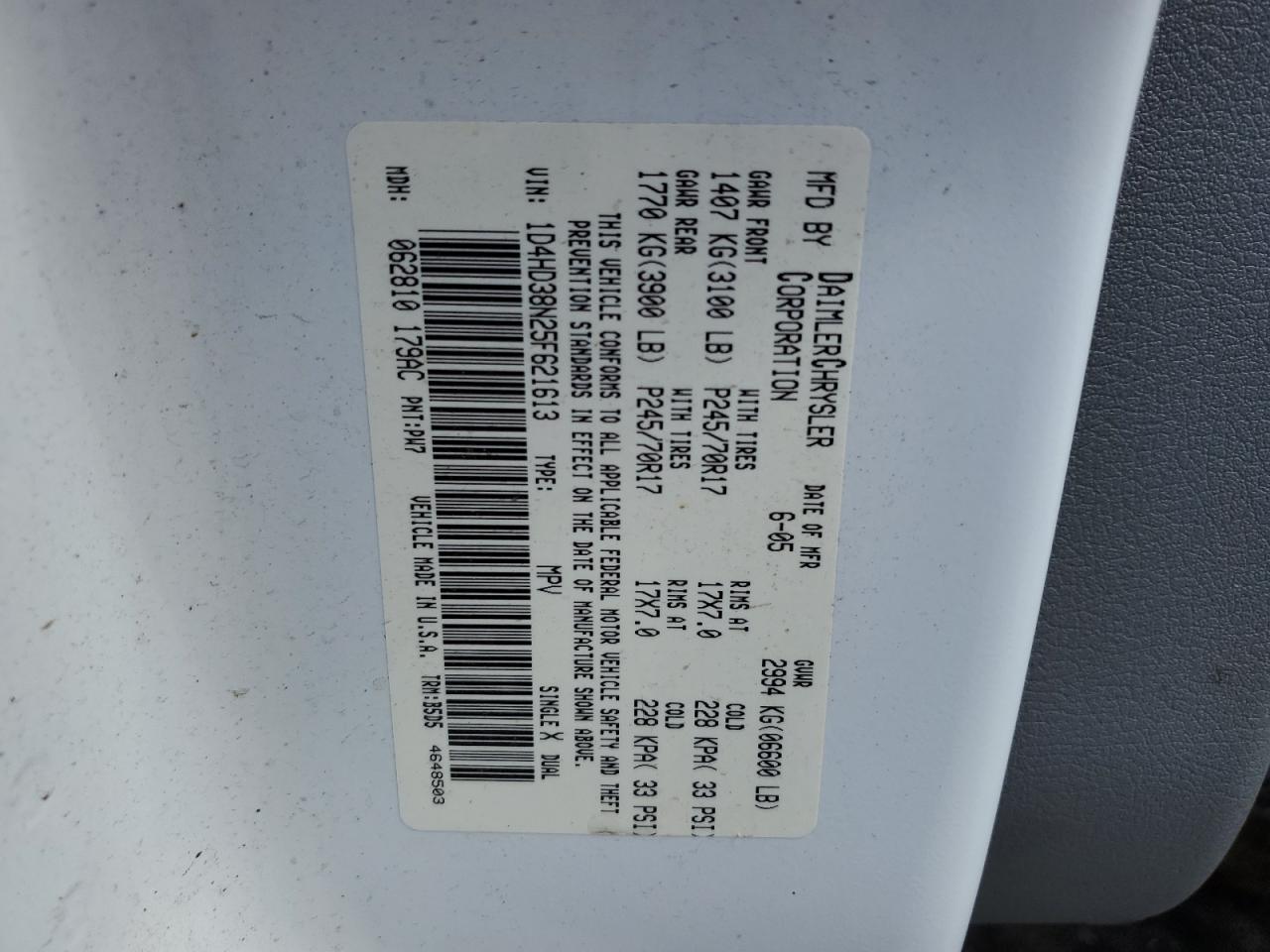 2005 Dodge Durango St VIN: 1D4HD38N25F621613 Lot: 60638924