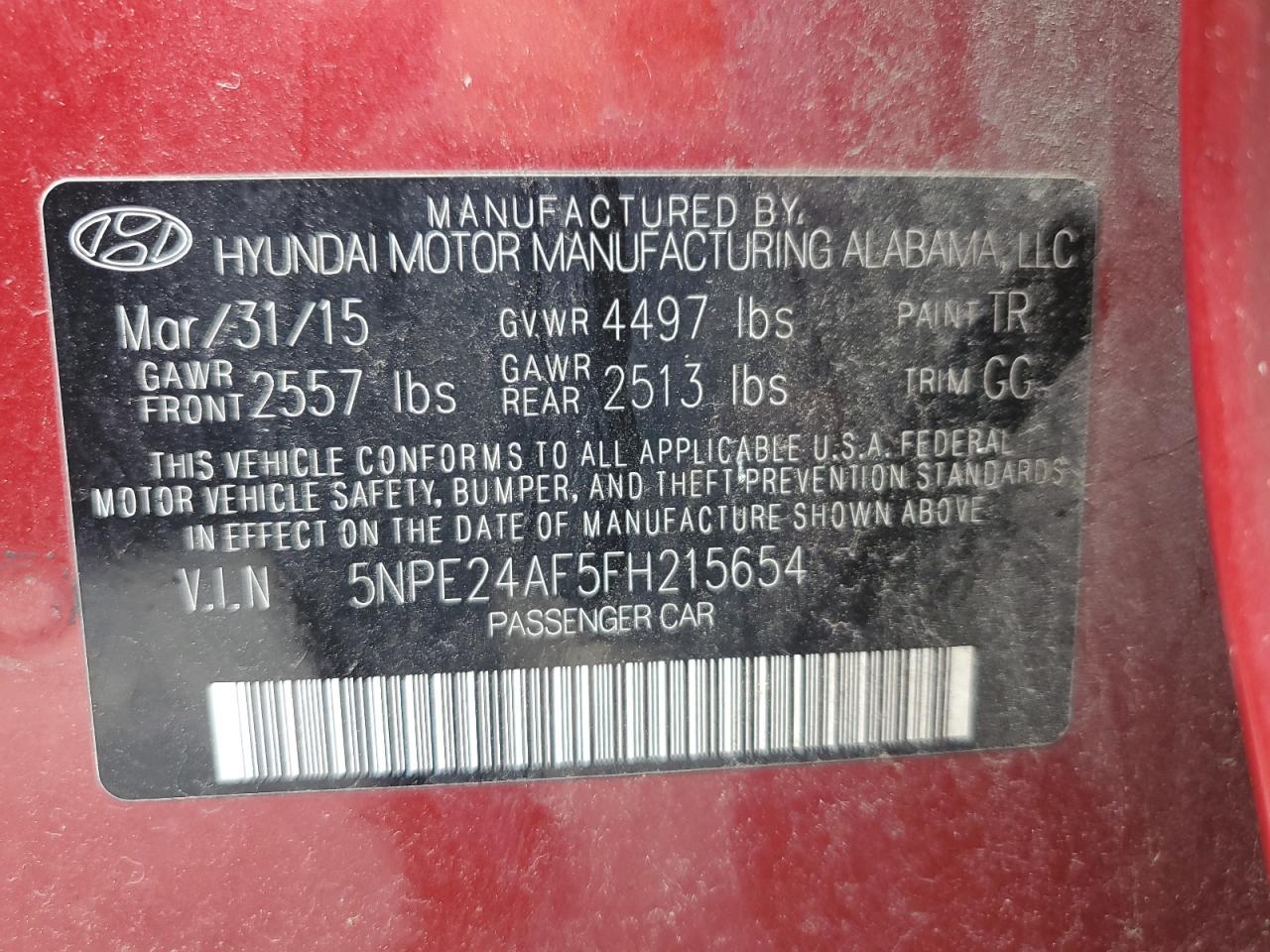 2015 Hyundai Sonata Se VIN: 5NPE24AF5FH215654 Lot: 63597624