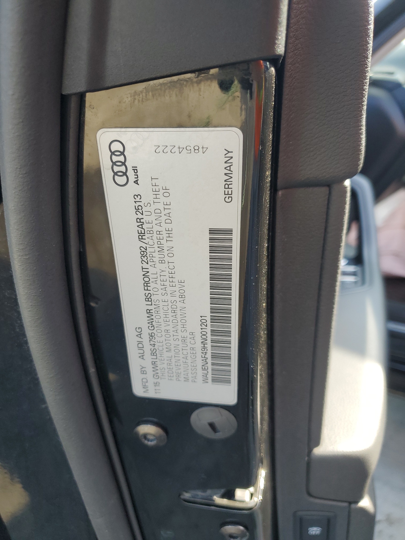 WAUENAF49HN001201 2017 Audi A4 Premium Plus