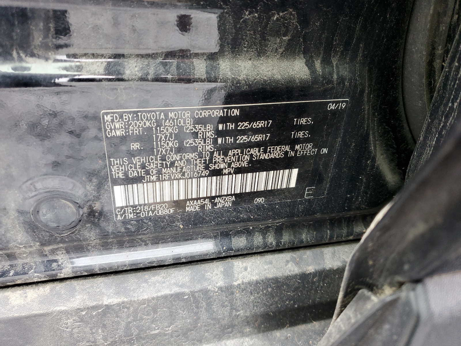 JTMF1RFVXKJ016749 2019 Toyota Rav4 Le