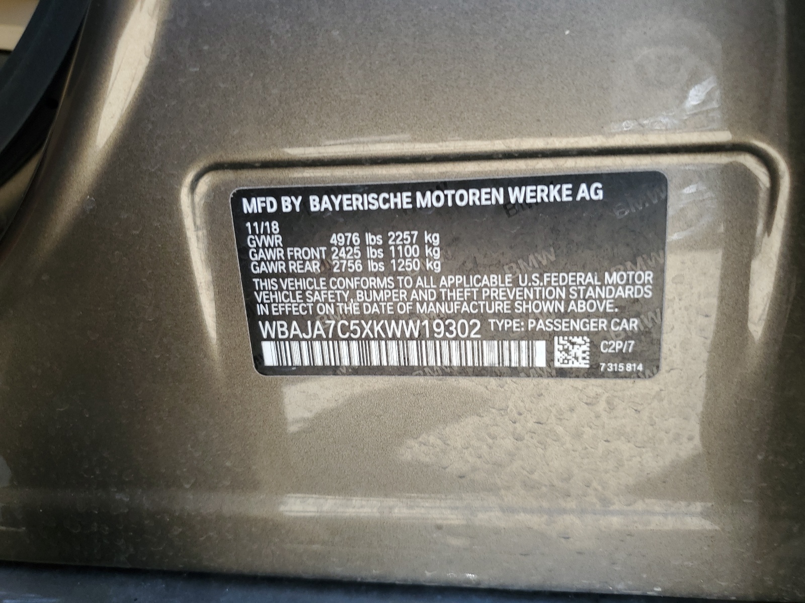 WBAJA7C5XKWW19302 2019 BMW 530 Xi