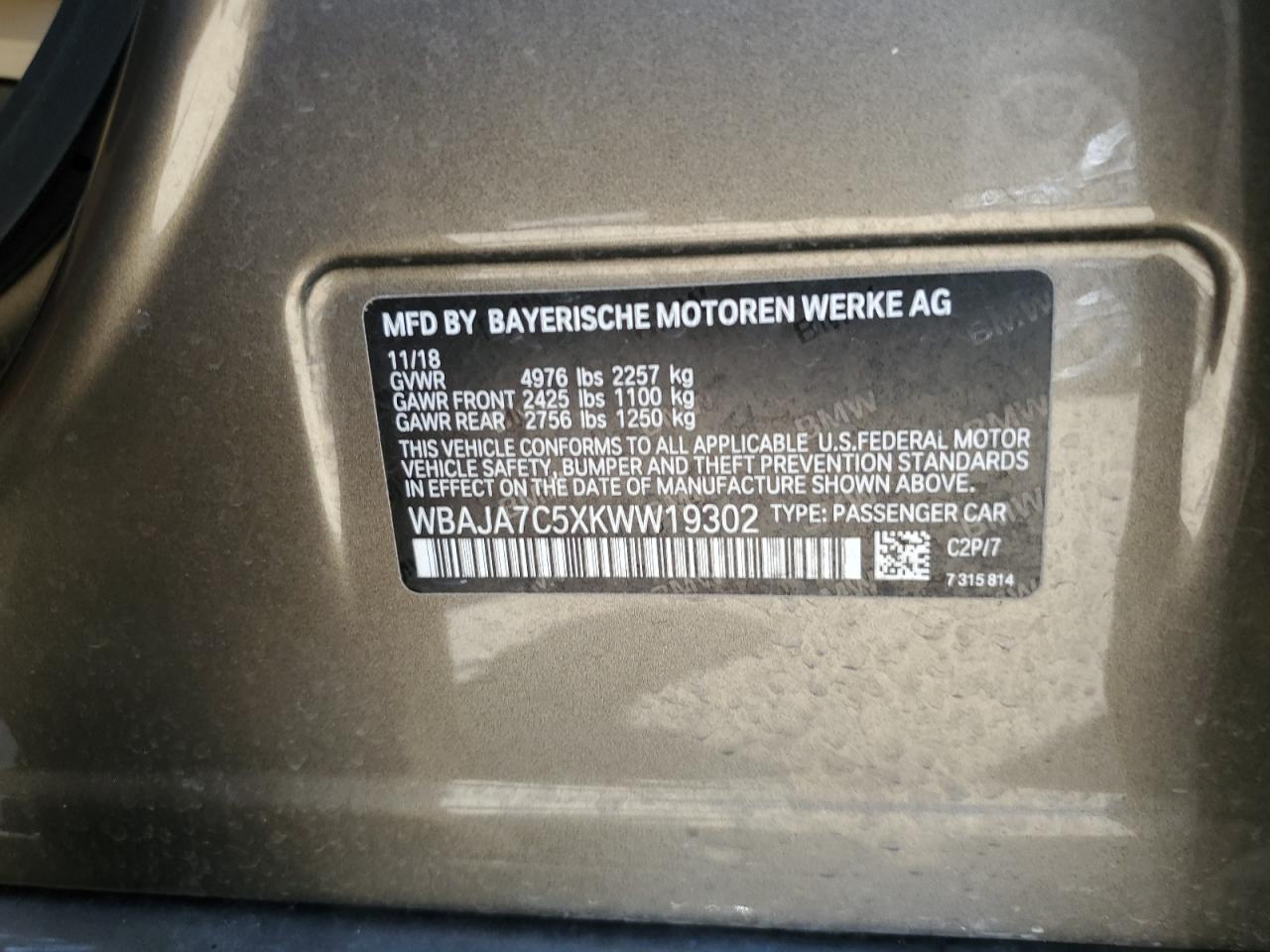 2019 BMW 530 Xi VIN: WBAJA7C5XKWW19302 Lot: 62040784