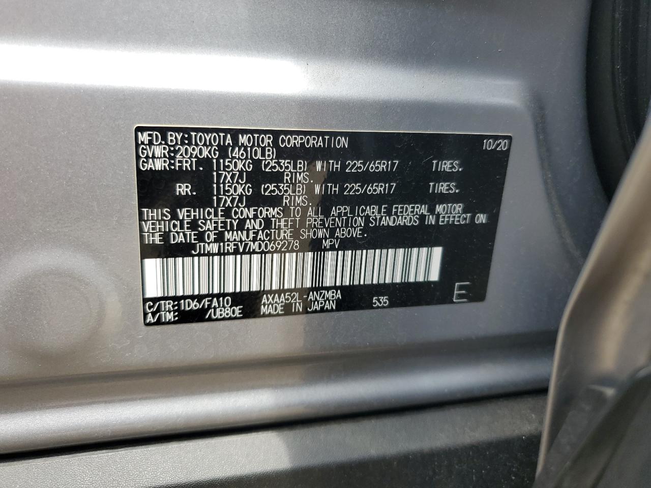 2021 Toyota Rav4 Xle VIN: JTMW1RFV7MD069278 Lot: 62813854