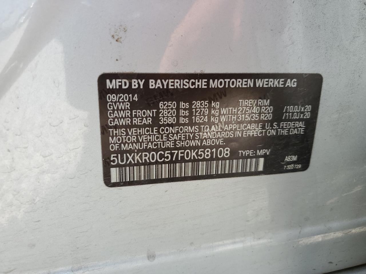 2015 BMW X5 xDrive35I VIN: 5UXKR0C57F0K58108 Lot: 62317264