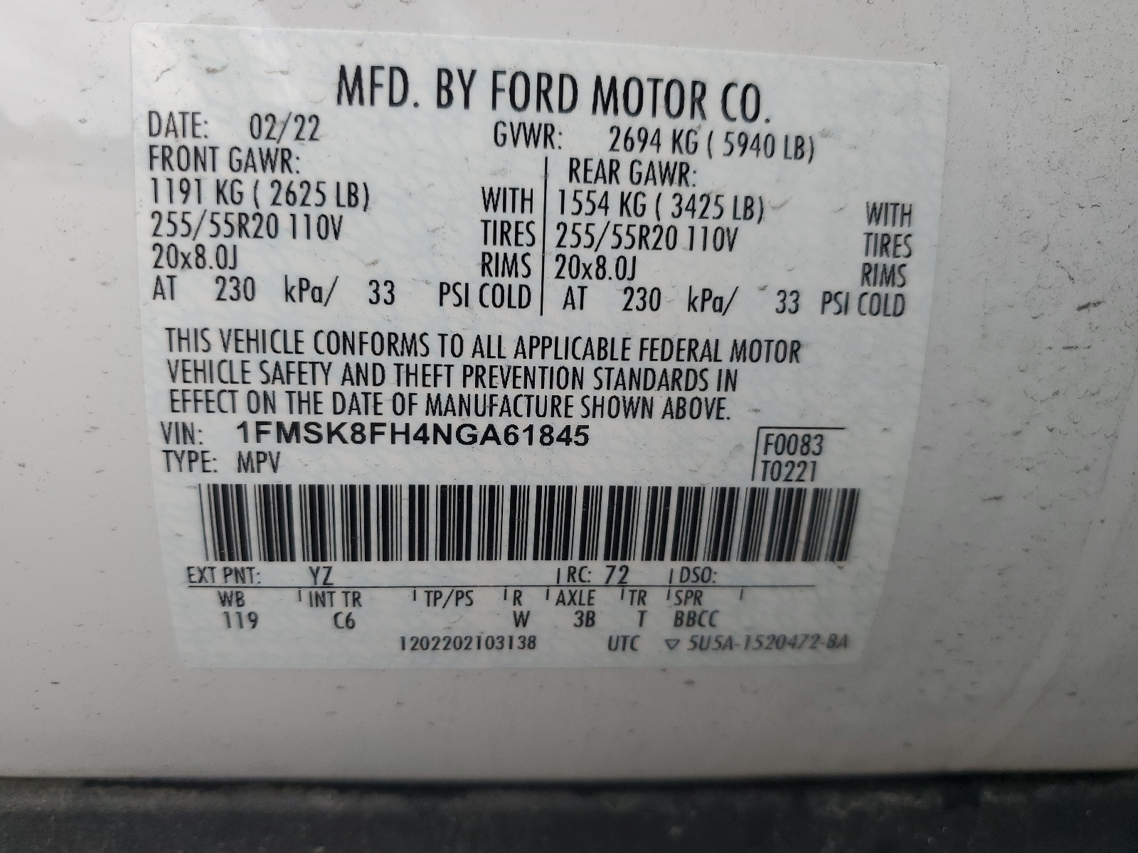 1FMSK8FH4NGA61845 2022 Ford Explorer Limited
