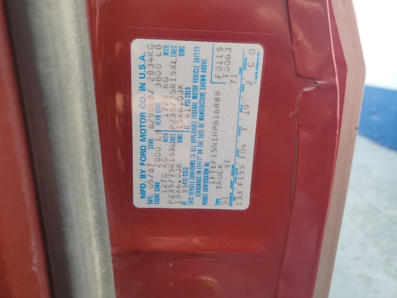 1987 Ford F150 VIN: 1FTEF15N1HPB16888 Lot: 64595934