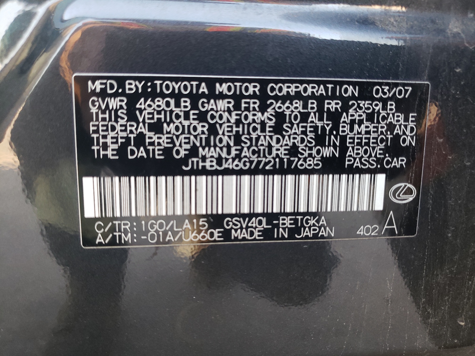 JTHBJ46G772117685 2007 Lexus Es 350