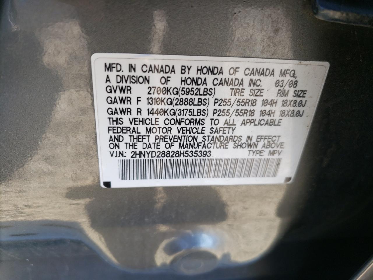 2008 Acura Mdx Sport VIN: 2HNYD28828H535393 Lot: 64845244