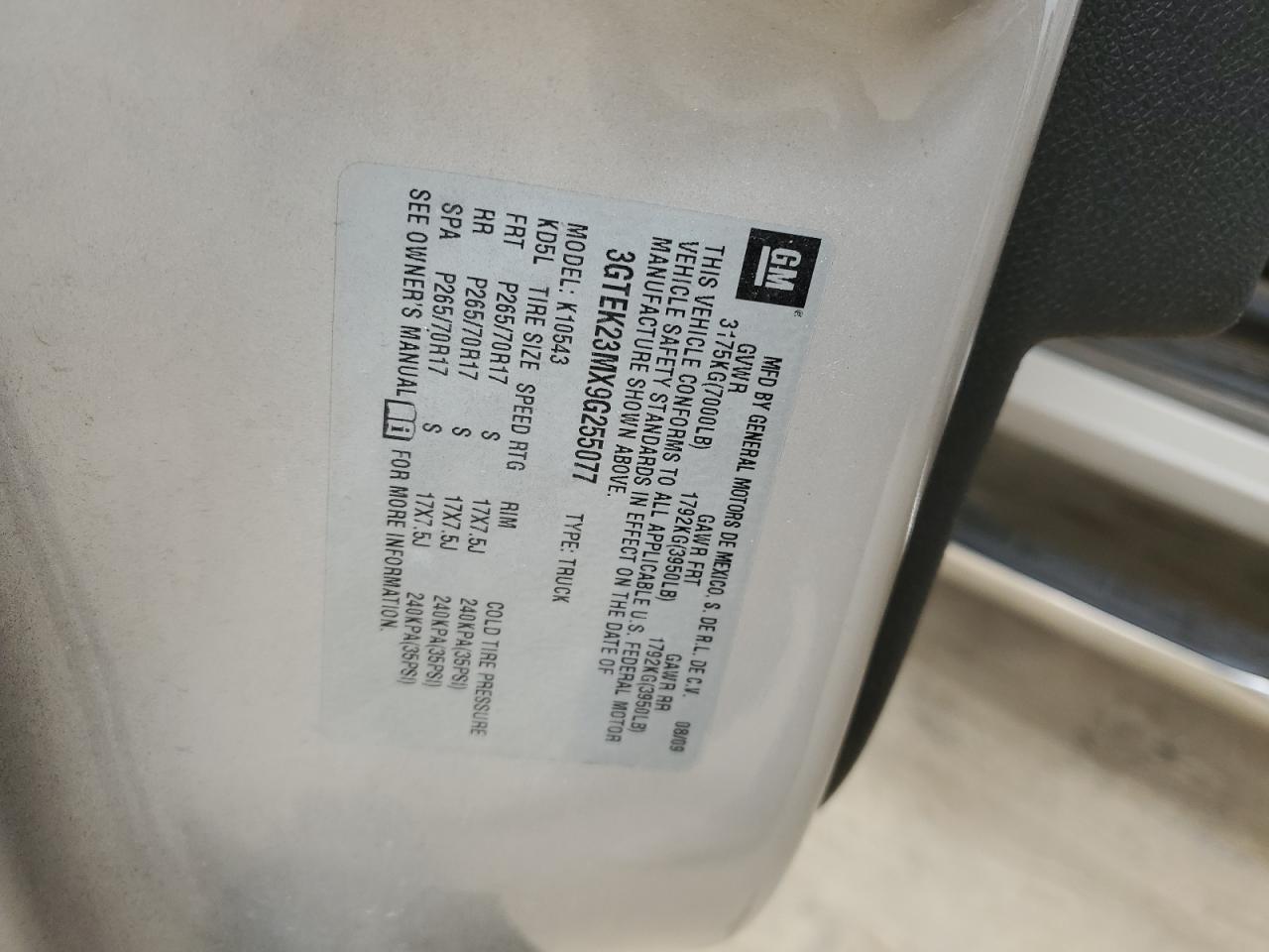 2009 GMC Sierra K1500 Sle VIN: 3GTEK23MX9G255077 Lot: 60507904