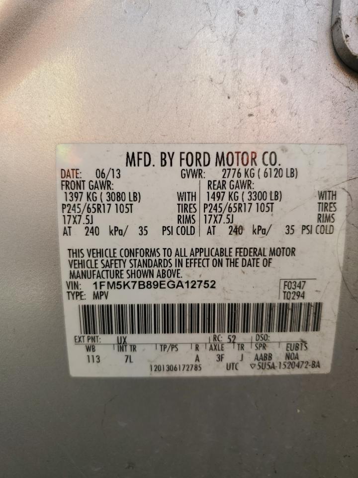 2014 Ford Explorer VIN: 1FM5K7B89EGA12752 Lot: 61685434