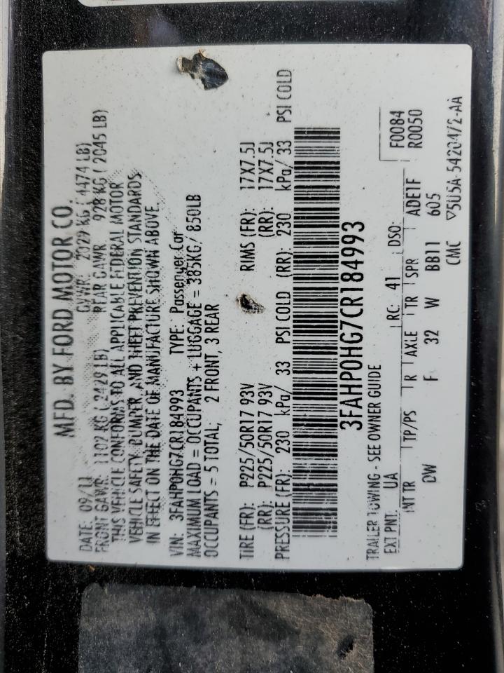 2012 Ford Fusion Se VIN: 3FAHP0HG7CR184993 Lot: 64968994