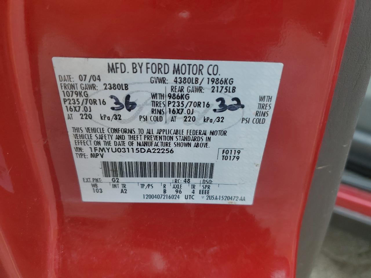 2005 Ford Escape Xlt VIN: 1FMYU03115DA22256 Lot: 62115334