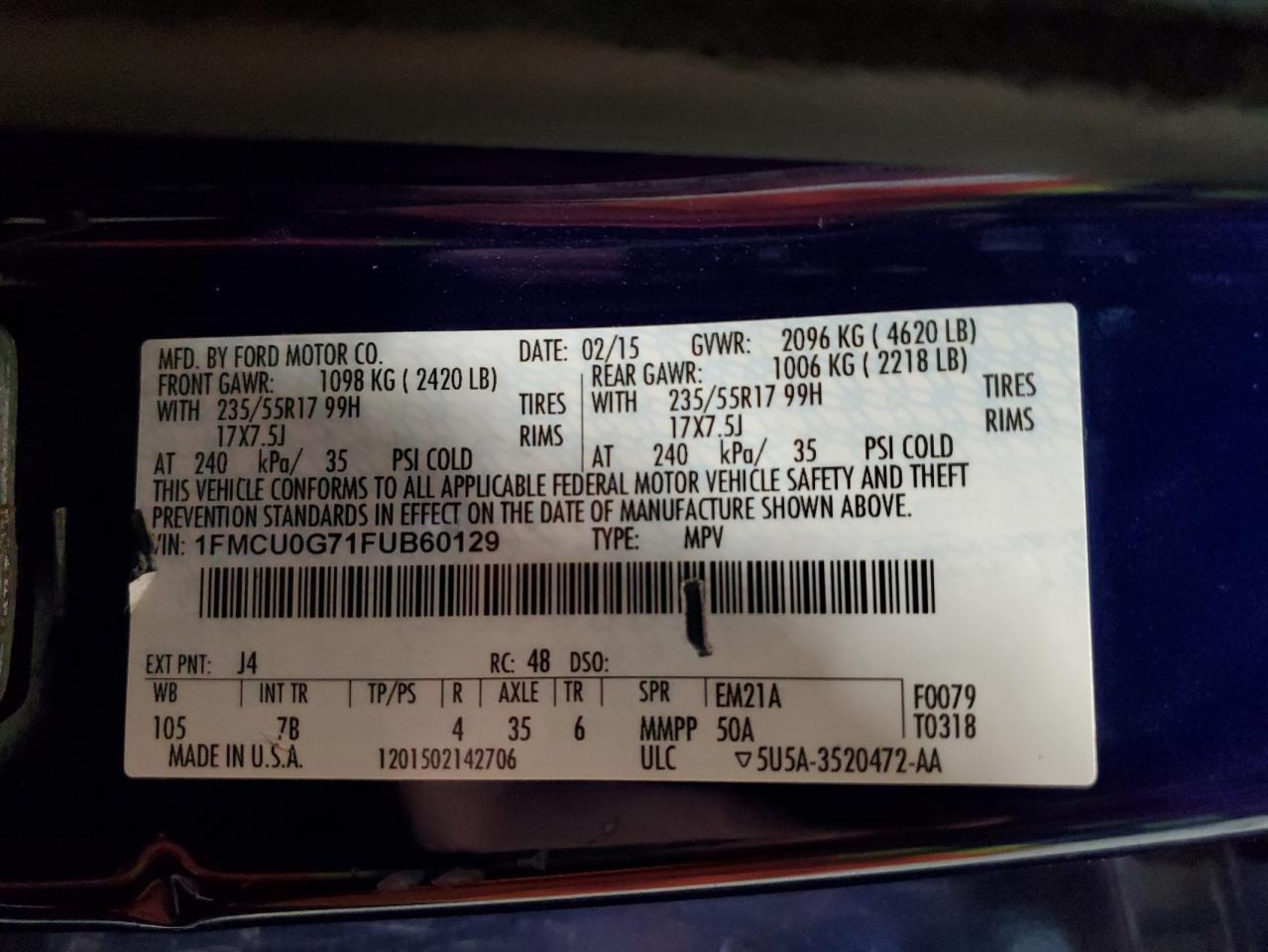 2015 Ford Escape Se VIN: 1FMCU0G71FUB60129 Lot: 64181124