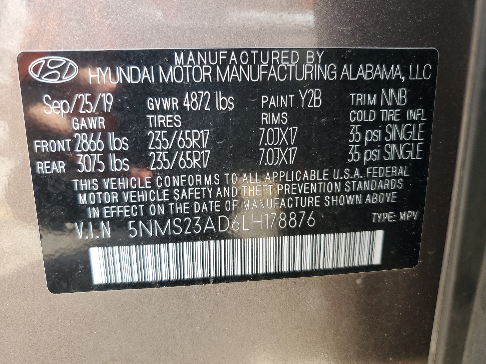 5NMS23AD6LH178876 2020 Hyundai Santa Fe Se