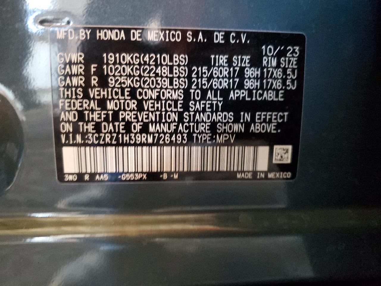 3CZRZ1H39RM726493 2024 Honda Hr-V Lx