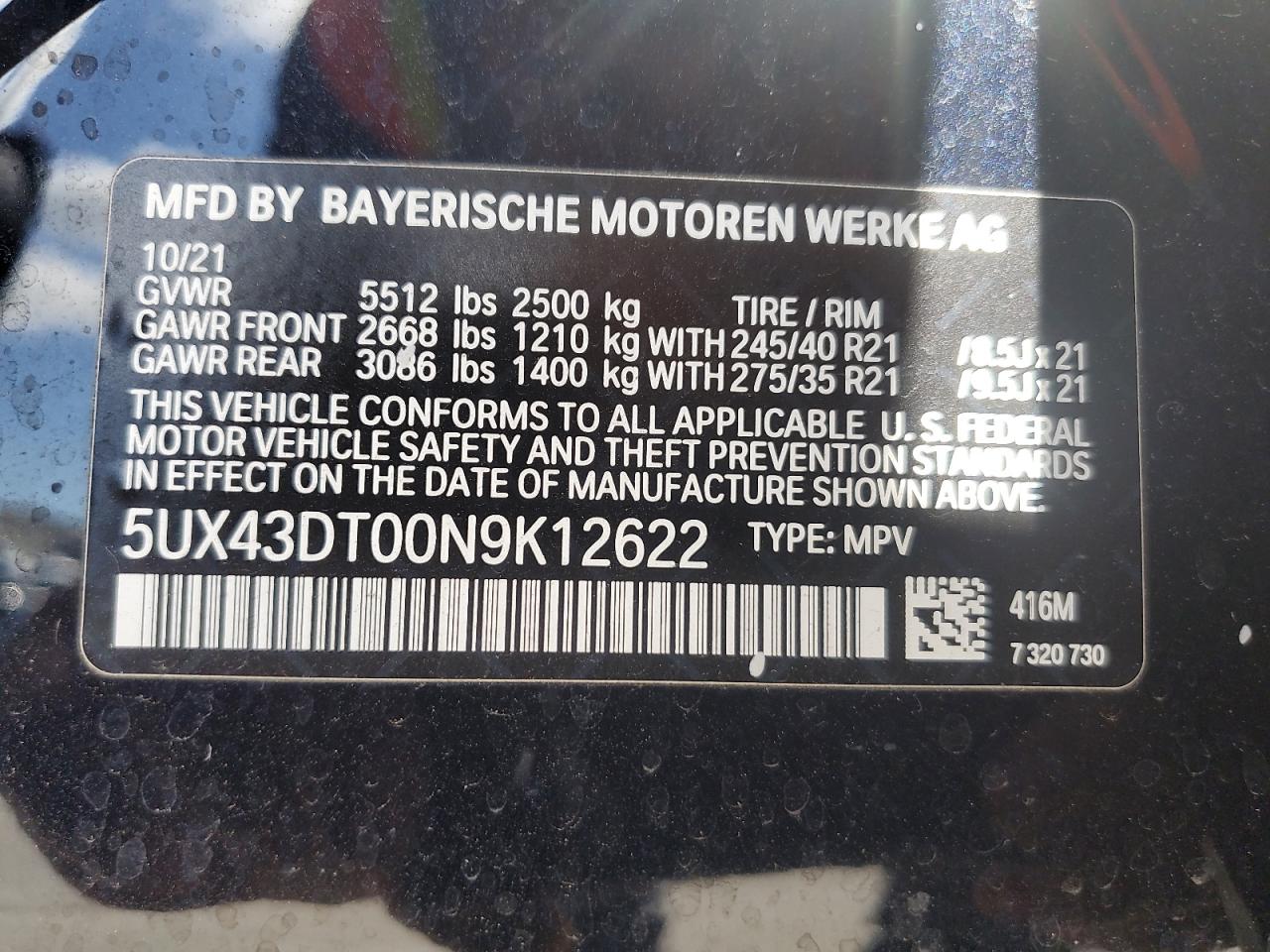 2022 BMW X4 M40I VIN: 5UX43DT00N9K12622 Lot: 60452204