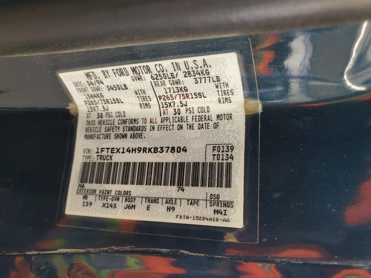 1994 Ford F150 VIN: 1FTEX14H9RKB37804 Lot: 64275494