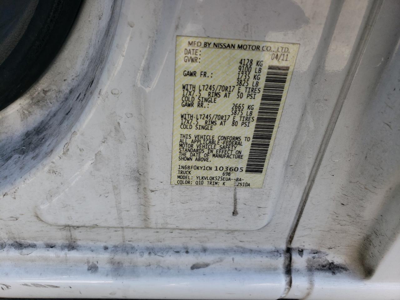 2012 Nissan Nv 1500 VIN: 1N6BF0KY1CN103605 Lot: 62749484