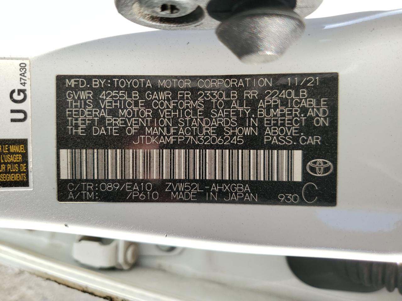 2022 Toyota Prius Prime Le VIN: JTDKAMFP7N3206245 Lot: 62636364