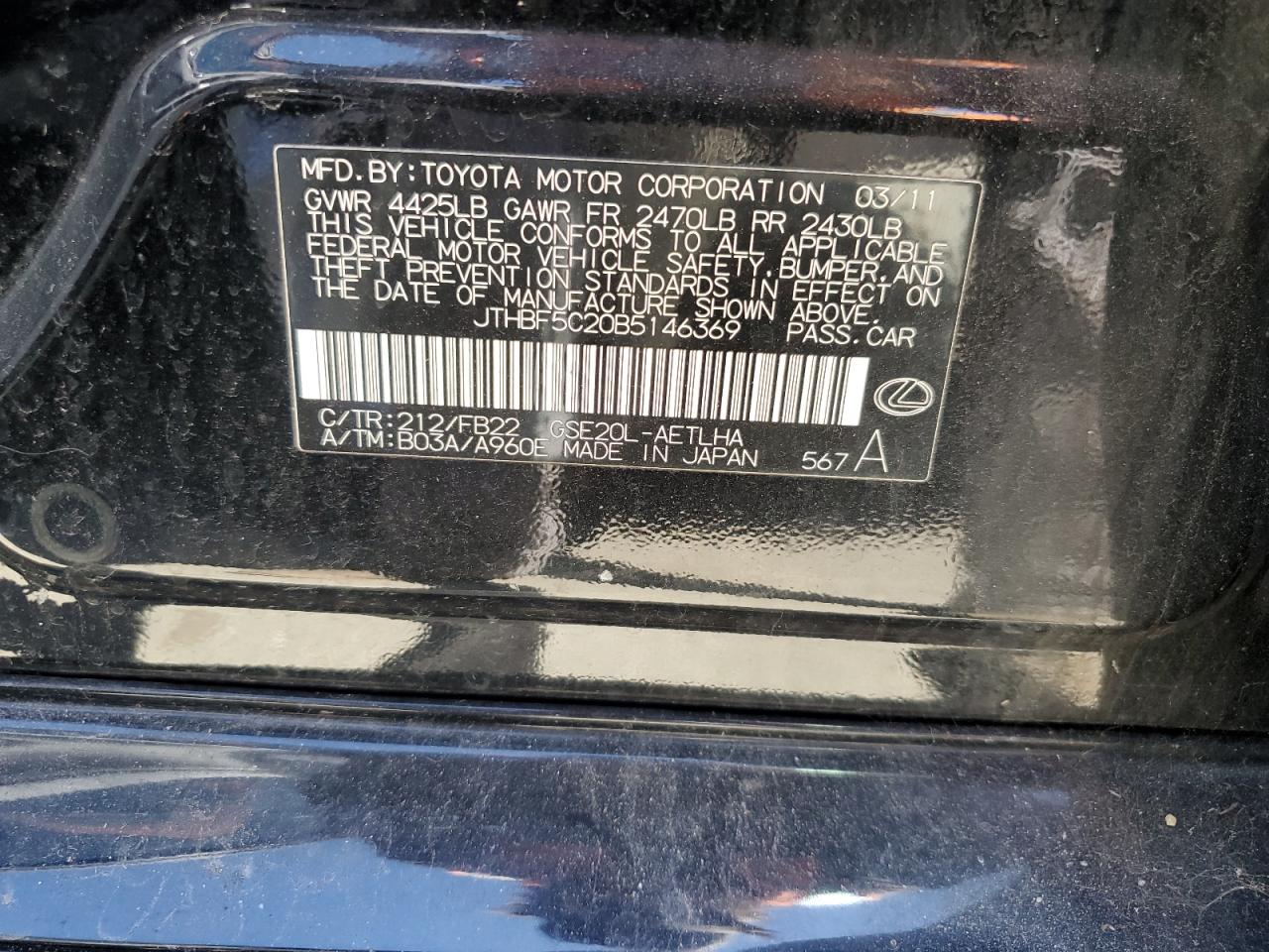 2011 Lexus Is 250 VIN: JTHBF5C20B5146369 Lot: 64719894