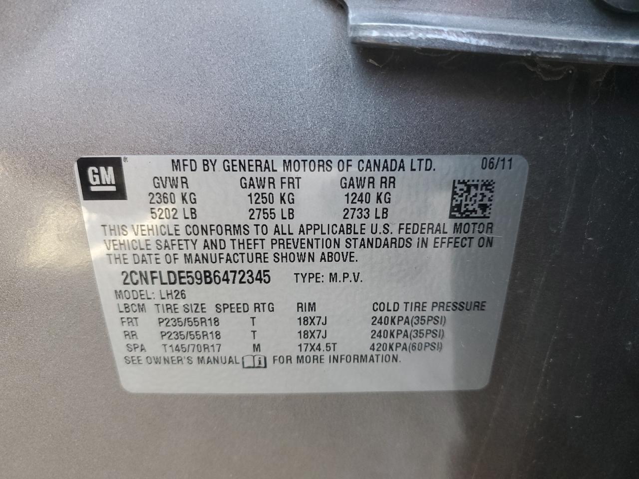 2011 Chevrolet Equinox Lt VIN: 2CNFLDE59B6472345 Lot: 62571714